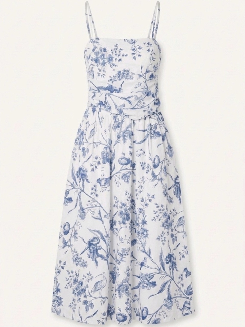 LOFT White Midi Dress with Blue Floral Toile Print